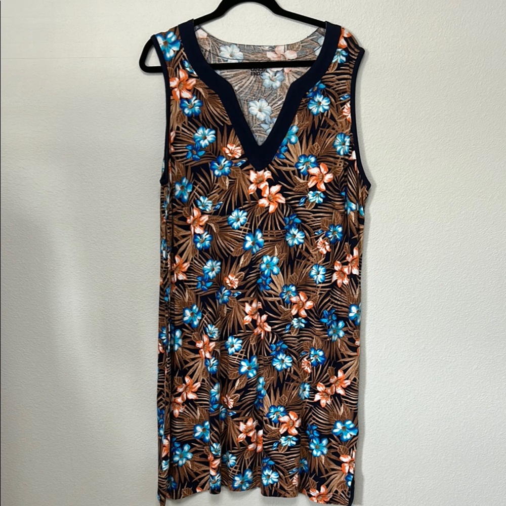 Lands' End Navy Floral V-Neck Dress